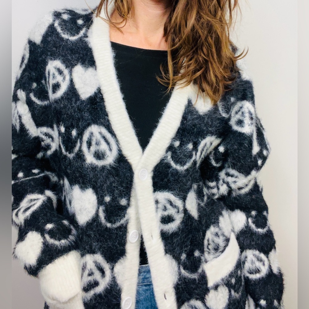 Absent Smiley Mohair Cardigan – Black & White Fuzzy Oversized Knit – Fits L/XL